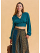 Shirt Collar Button Detailed Petrol Crop Blouse 4432